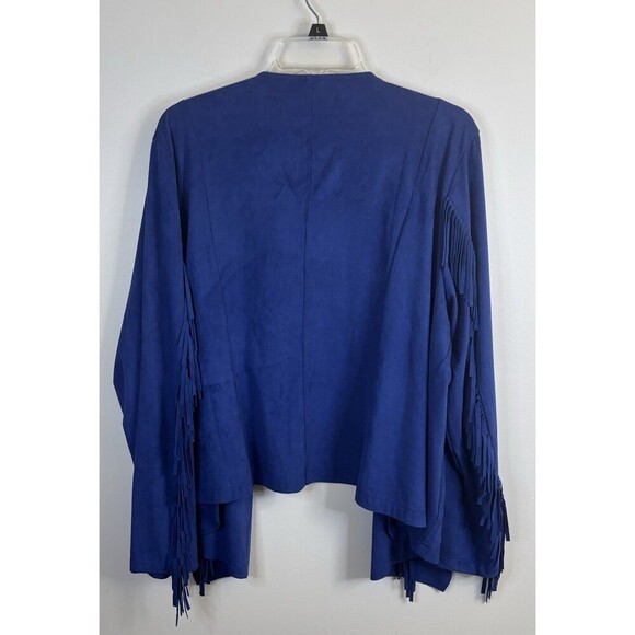 COLLEEN LOPEZ Faux Suede Fringe Open Jacket 1X Drape 3/4 Sleeve Blue Western - Picture 3 of 10